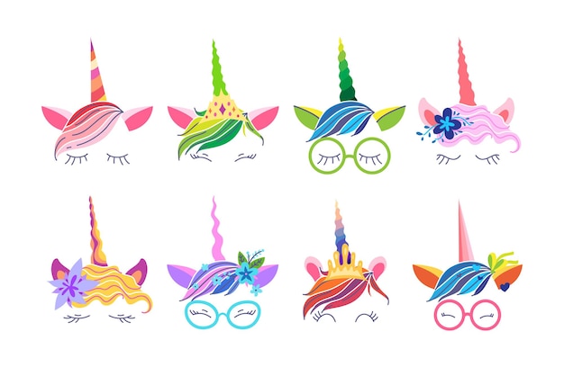 Têtes De Licorne Drôles Mignonnes Avec Des Fleurs, Des Lunettes, Un Arc, De Beaux Cils. Poney Tressé En Corne Magique.