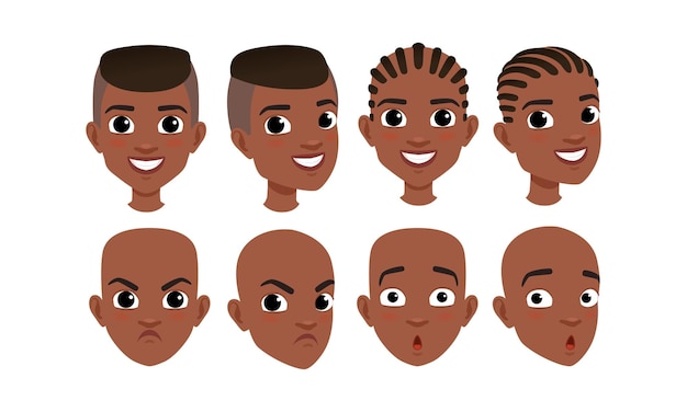 Vecteur têtes masculines face d'un garçon afro-américain avec diverses coiffures profil frontal tour de trois quarts vue d'illustration vectorielle de style dessin animé