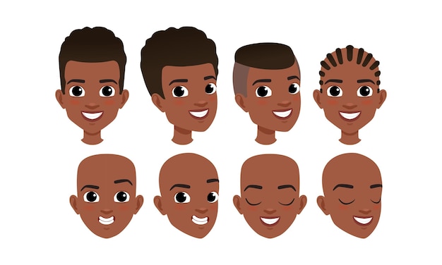 Vecteur têtes masculines mises en place characters de garçons afro-américains joyeux avec diverses coiffures profile frontal tour de trois quarts vue illustration vectorielle de style dessin animé