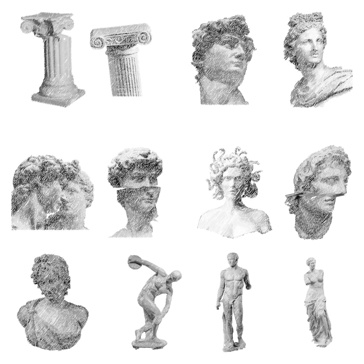 Vecteur têtes sculpture grecque ancienne mystique illustrations dessinées à la main de statues antiques dans le style bohémien à la mode