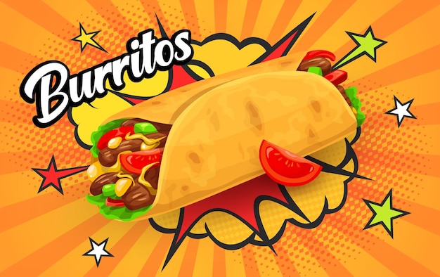 Vecteur tex mex burrito mexicain avec des bulles rétro comiques à mi-tonne affiche de nourriture vectorielle cuisine mexicaine fast food ou menu de restaurant avec un emballage de burrito et du piment chili sur demi-tonne avec un fond de nuage boom