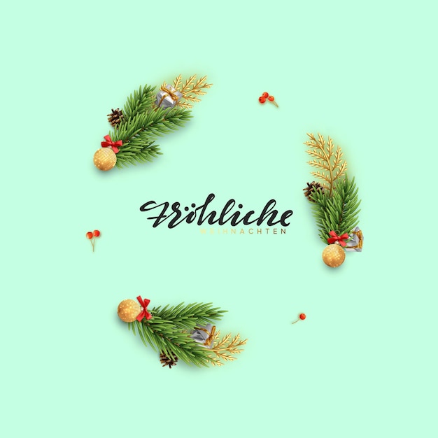 Texte allemand Frohliche Weihnachten, fond de Noël du cadre circulaire avec des branches de pin et des boules de Noël. Texte manuscrit Joyeux Noël et bonne année. Carte de voeux de vacances, bannière, affiche