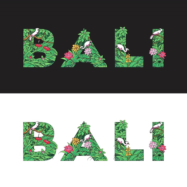 Texte De Bali Fait Avec Des Feuilles, Des Buissons Et Des Oiseaux. Style Tropical.