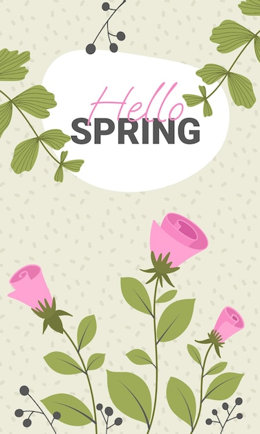 Texte bonjour printemps sur le fond des brindilles avec des feuilles vertes et des fleurs décoratives
