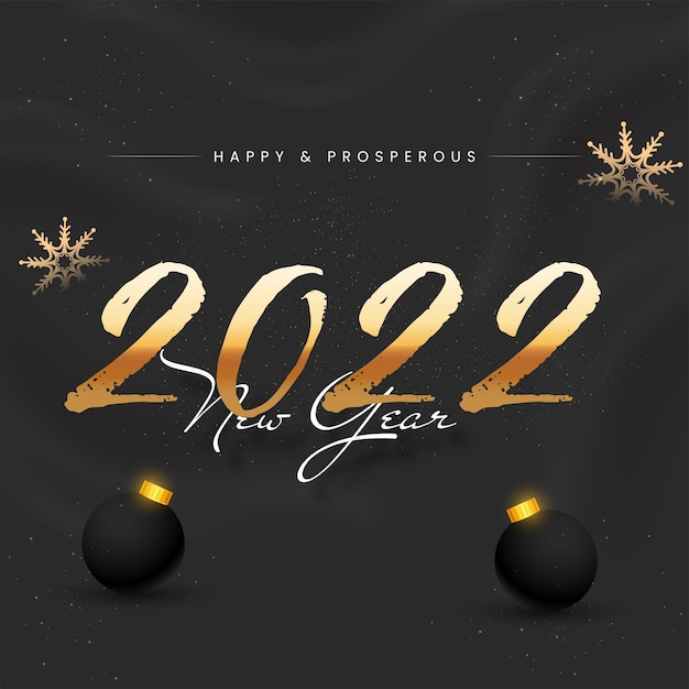 Texte De Bonne Année 2022 Avec Des Flocons De Neige Dorés Et Des Boules 3d Sur Fond Noir.