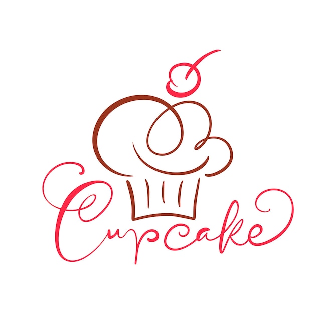 Texte calligraphique de vecteur de petit gâteau avec le logo. Cupcake sucré à la crème, élément de conception de modèle d'emblème de dessert vintage