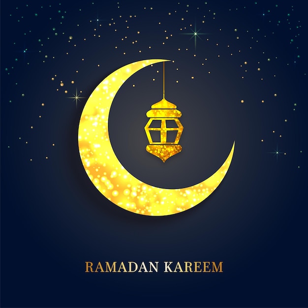 Texte Doré Du Ramadan Kareem Avec Effet Bokeh Croissant De Lune Jaune Une Lanterne Accrochée Sur Fond D'effet De Lumières Bleues