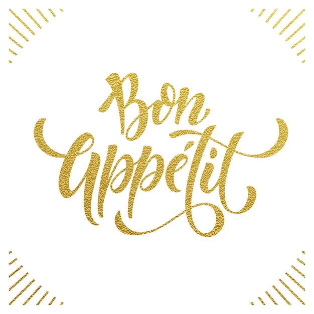 Vecteur texte du titre bon appétit texte doré sur fond blanc