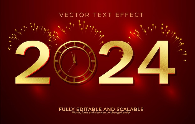 Vecteur texte éditable premium pour la nouvelle année 2024 avec montre en cercle