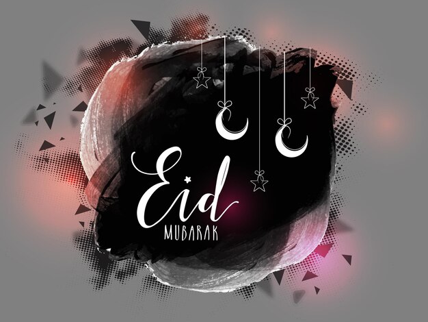 Vecteur texte élégant eid mubarak avec des étoiles et un croissant de lune accrochés sur un fond de peinture noire pour la célébration du festival de la communauté musulmane