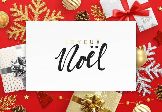 Vecteur texte français joyeux noel. fond de noël et du nouvel an. coffret décoration réaliste, branches de pin vert, boules dorées, flocon de neige décoratif en paillettes et guirlandes. boule de noël. conception de vacances.