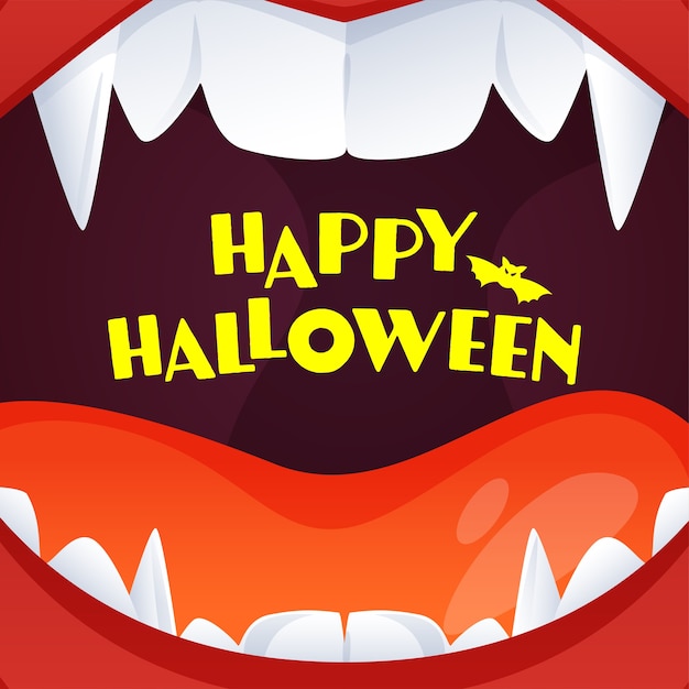 Texte D'halloween Heureux Jaune Sur Fond Ouvert De Bouche De Monstre