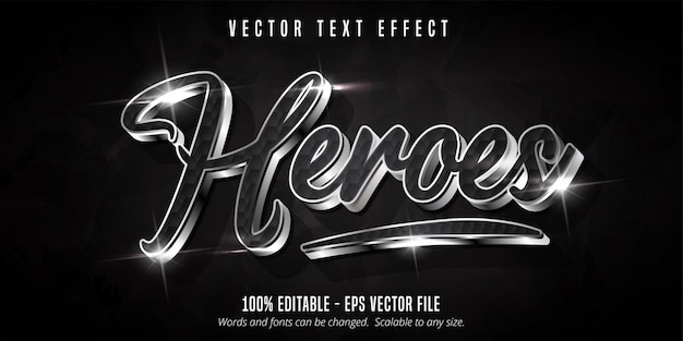 Vecteur texte de héros, effet de texte modifiable de style argent brillant