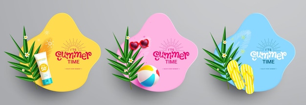 Vecteur le texte de l'heure d'été avec de l'écran solaire, de la balle de plage et des pantoufles