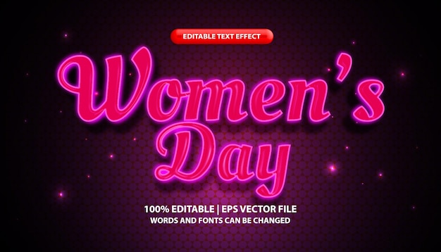Vecteur texte de la journée de la femme, modèle d'effet de texte modifiable, effet de lumière néon rose, style de texte brillant futuriste