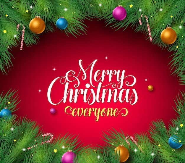 Texte de joyeux noël sur fond rouge avec pensionnaire et cadre de feuilles de pin et noël coloré