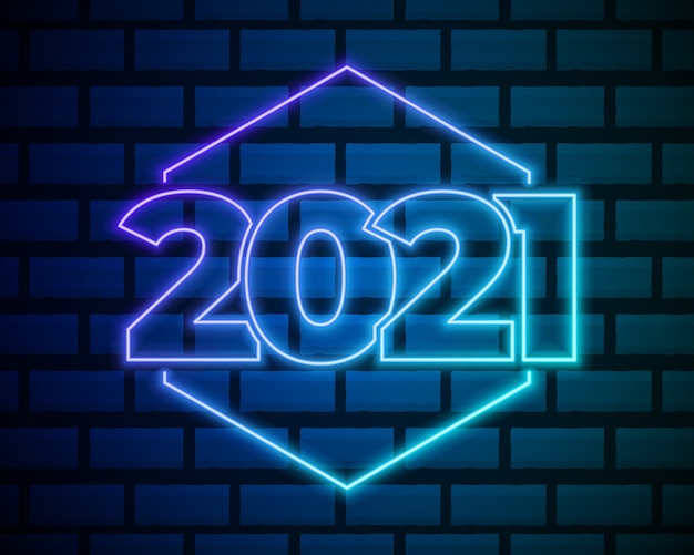Texte néon 2021. Modèle de conception de nouvel an 2021. Bannière légère.