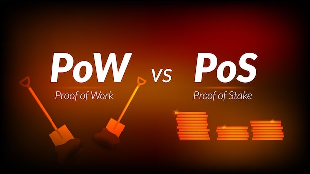 Texte PoW Proof of Work vs PoS Proof of Stake avec des pelles et des piles d'argent sur fond rouge foncé En-tête pour site Web ou bannière pour article de presse