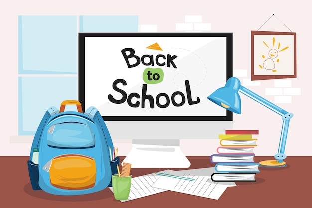 Texte de retour à l'école sur le moniteur Bureau de bureau avec une lampe de crayons de sac à dos d'école de moniteur dessus