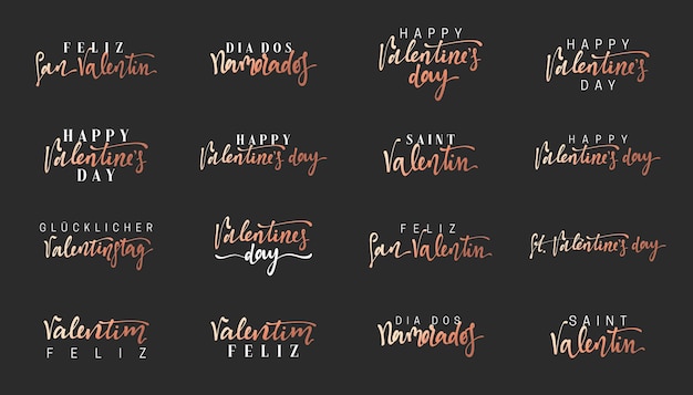 Texte de la Saint-Valentin. Inscription en différentes langues, français, espagnol, allemand et portugais. Feliz San Valentin, Dia dos Namorados, Feliz Valentim.