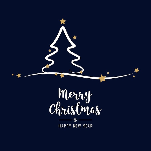 Texte de salut de l'arbre de Noël avec des étoiles dorées et un fond bleu