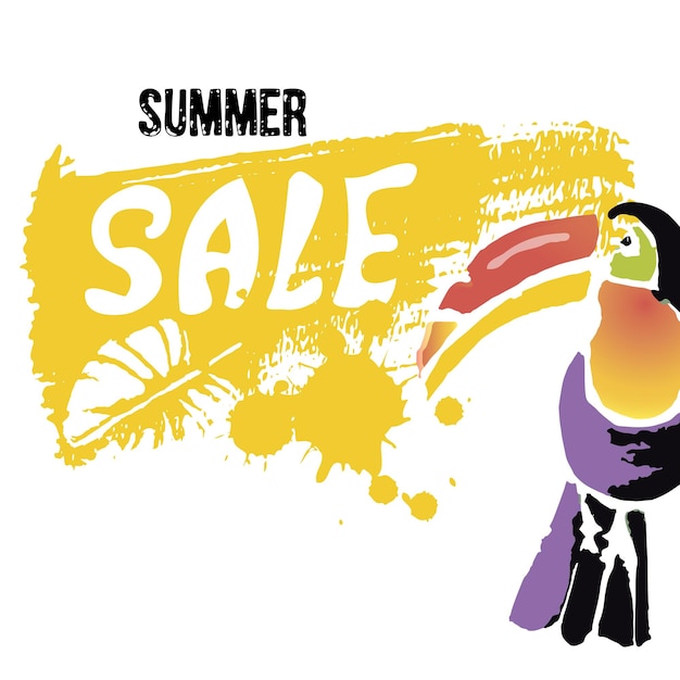 Texte Summer Sale Discount Bannerstropical Toucan Oiseau Avec éléments Grunge Gouttes D'encre Abstrait Animal Sauvage Exotique Illustration Vectorielle