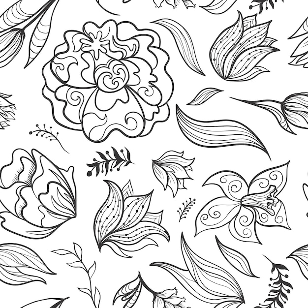 Texture de croquis sans couture avec des fleurs et des feuilles de doodle ornementales fantastiques