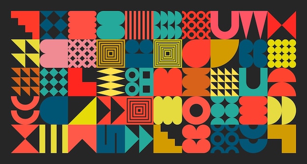 Texture géométrique avec des formes simples, des symboles, des éléments et des formes primitifs colorés, un design rétro, un style minimaliste contemporain à la mode, une illustration vectorielle.