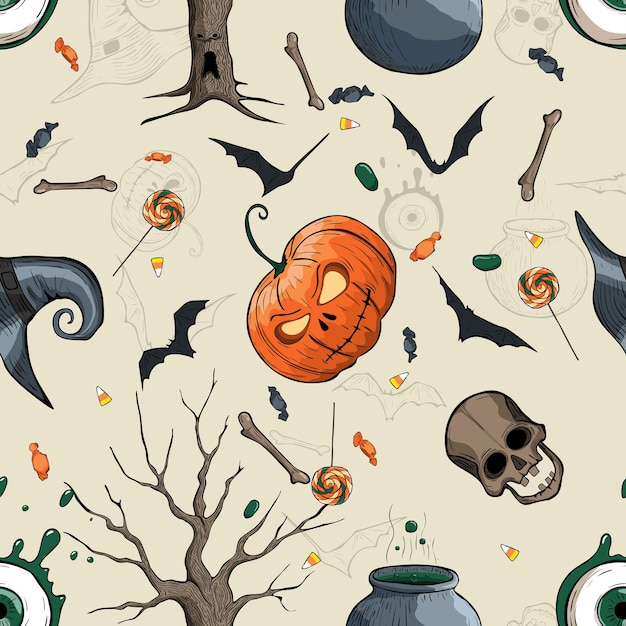 Texture De Modèle Sans Couture D'halloween Avec Des Chauves-souris D'os De Citrouilles