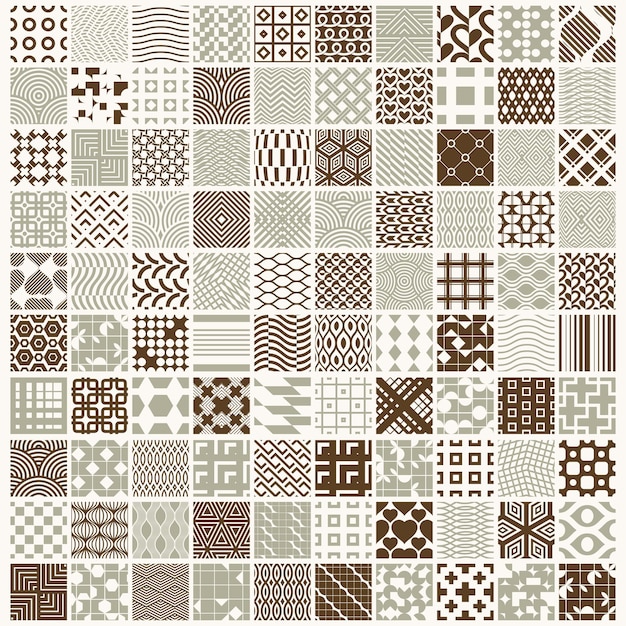 Textures vintage graphiques vectorielles créées avec des carrés, des losanges et d'autres formes géométriques. Collection de 100 modèles sans couture à utiliser dans la conception de textiles.