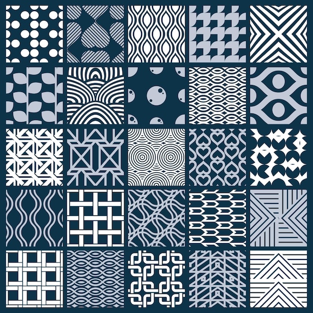 Textures Vintage Graphiques Vectorielles Créées Avec Des Carrés, Des Losanges Et D'autres Formes Géométriques. Collection De Motifs Monochromes Sans Couture Idéale Pour Une Utilisation Dans La Conception De Textiles.