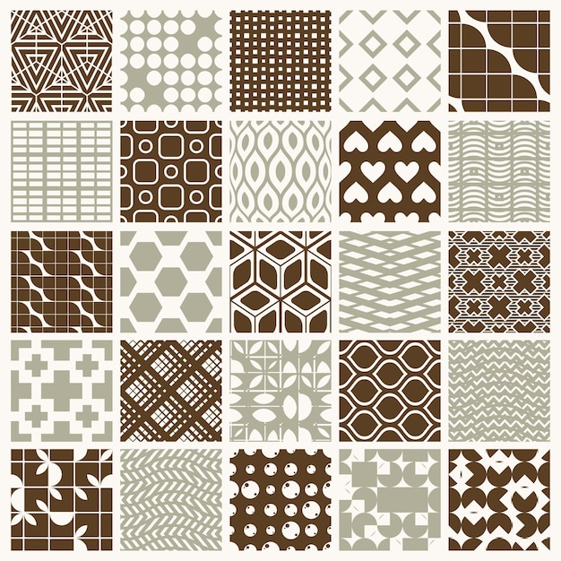 Textures vintage graphiques vectorielles créées avec des carrés, des losanges et d'autres formes géométriques. Collection de motifs sans couture idéale pour une utilisation dans la conception de textiles.
