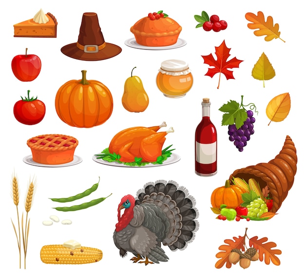 Thanksgiving Automne Vacances Sertie De Dessin Animé De Dinde, De Nourriture Et De Chapeau De Pèlerin. Récolte De Citrouille, Pomme Et Tarte, Corne D'abondance, Feuilles Mortes, Maïs Et Raisin, Gland, Blé, Miel, Vin, Canneberges