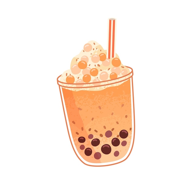 Thé Au Lait Perlé Aromatisé Au Jus D'orange. Boisson Boba Perlée Dans Une Tasse En Verre Avec Bulles, Crème, Fruits. Bubbletea De Tapioca Thaïlandais Avec De La Paille. Smoothie Taïwanais Froid. Illustration Vectorielle Plane Colorée.