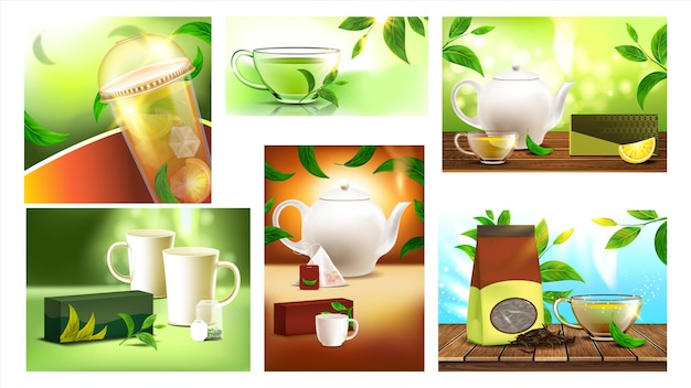 Thé Boisson Promo Publicité Bannières Set Vector. Tasse à thé et tasse, emballage et théière, feuilles de la nature et sac différentes affiches. Modèle de concept de boisson à base de plantes biologiques Illustrations 3d réalistes