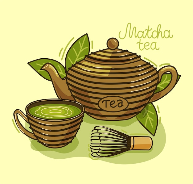 Thé Matcha - Boisson Asiatique. Théière, Feuilles De Thé Matcha, Tasse. Illustration.