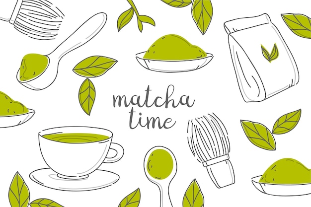 Thé Matcha Dessiné à La Main Et Fond De Feuilles