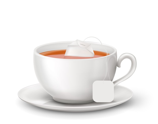 Vecteur thé noir avec thé chaud et sachet de thé dans une tasse blanche. illustration