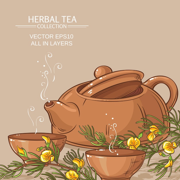 Vecteur thé rooibos en théière et bols à thé