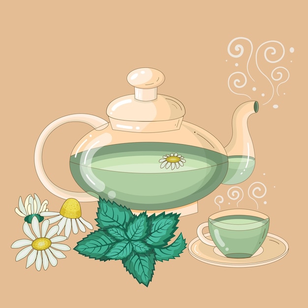 Théière et tasse de thé à la menthe et à la camomille