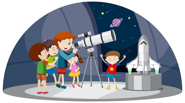 Vecteur thème d'astronomie avec des enfants regardant un télescope