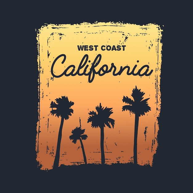 Vecteur thème de conception de plage de la côte ouest de la californie silhouette de palmiers et fond de ciel au coucher du soleil