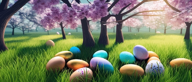 Vecteur thème de pâques avec de beaux œufs dans l'herbe bannière illustration vectorielle comme fond de printemps heureux