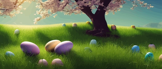 Thème de Pâques avec de beaux œufs dans l'illustration vectorielle de bannière d'herbe comme fond de printemps heureux