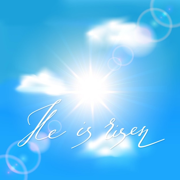 Thème de Pâques ciel bleu avec rayons de soleil et lettrage blanc Il est ressuscité illustration