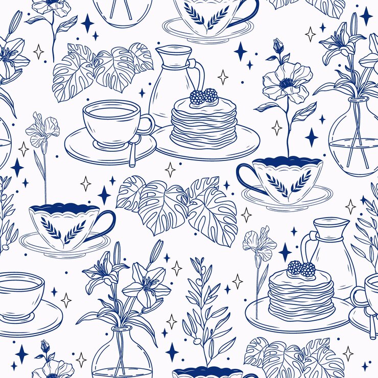 Vecteur thème de petit-déjeuner de couleur pastel motif homogène avec des crêpes, du café, des tasses de thé, des fleurs et des monstres