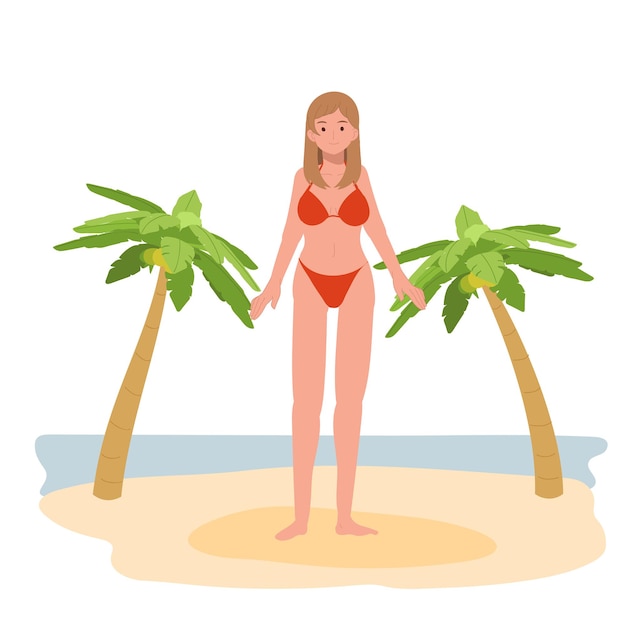 Thème De Vacances à La Plage D'été Fille Heureuse En Bikini Sur La Plage Illustration Vectorielle Plate