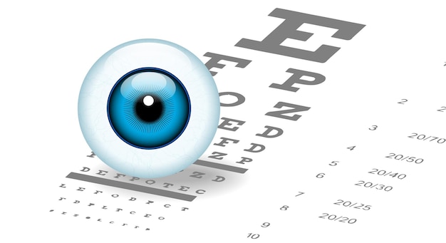 Vecteur thérapie visuelle, œil humain avec iris bleu, gros plan, sur fond de texte ophtalmique, tableau des yeux. illustration vectorielle