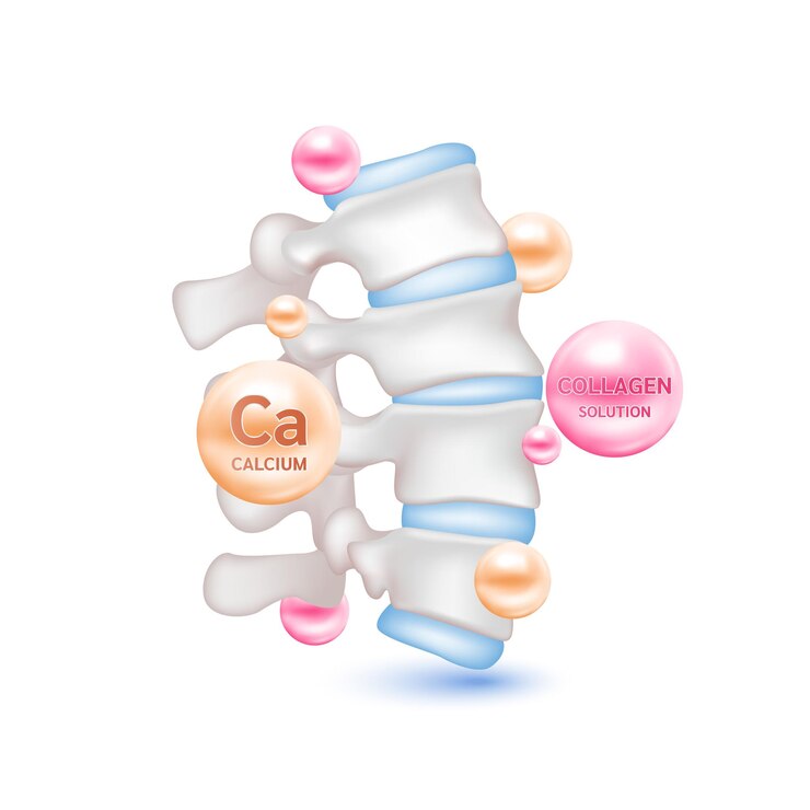 Vecteur thérapie vitaminique au collagène de calcium aide à guérir l'arthrite discale de la colonne vertébrale anatomie osseuse humaine