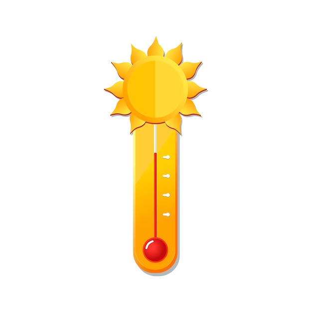 Thermomètre jaune vectoriel dans des conditions météorologiques chaudes d'été Icône avec le soleil symbole en design plat